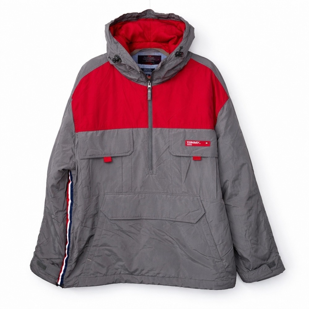 Y2K Tommy Hilfiger Mens Pullover Anorak Jacket‎ Hoodie Red Gray XXL Spellout